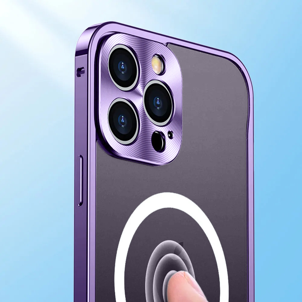 Etui do iPhone 14 Pro Magsafe Armor, metalowa ramka, twarde aluminium, purpurowe