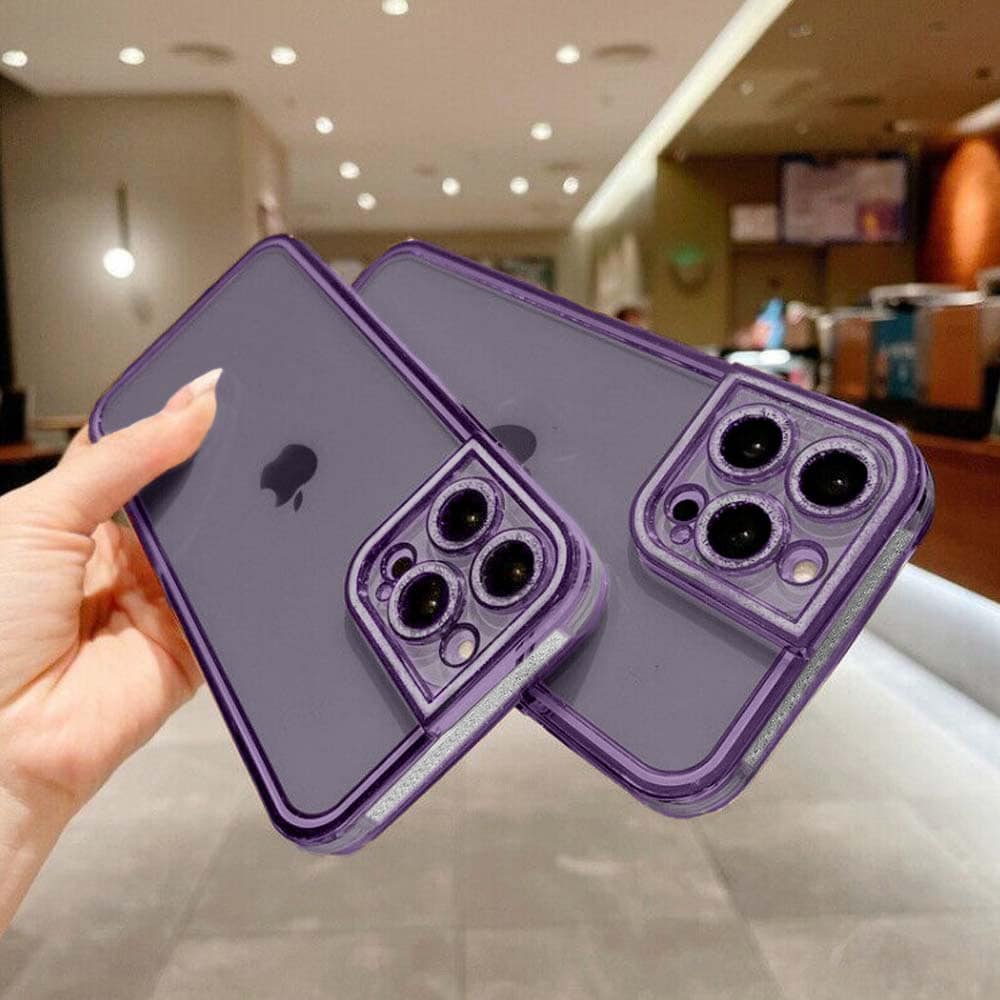 Etui do iPhone 14 Pro Max kryształowa struktura, osłona na aparat, przeźroczyste z purpurową ramką (OUTLET)