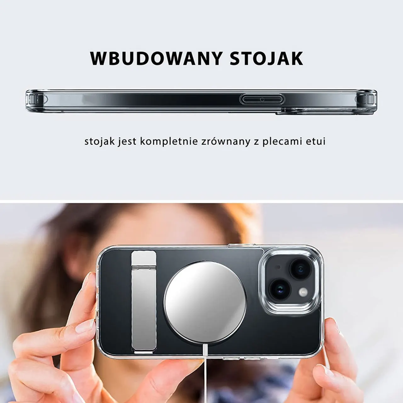 Etui do iPhone 14 Clear Stand, metalowa podstawka, przeźroczyste