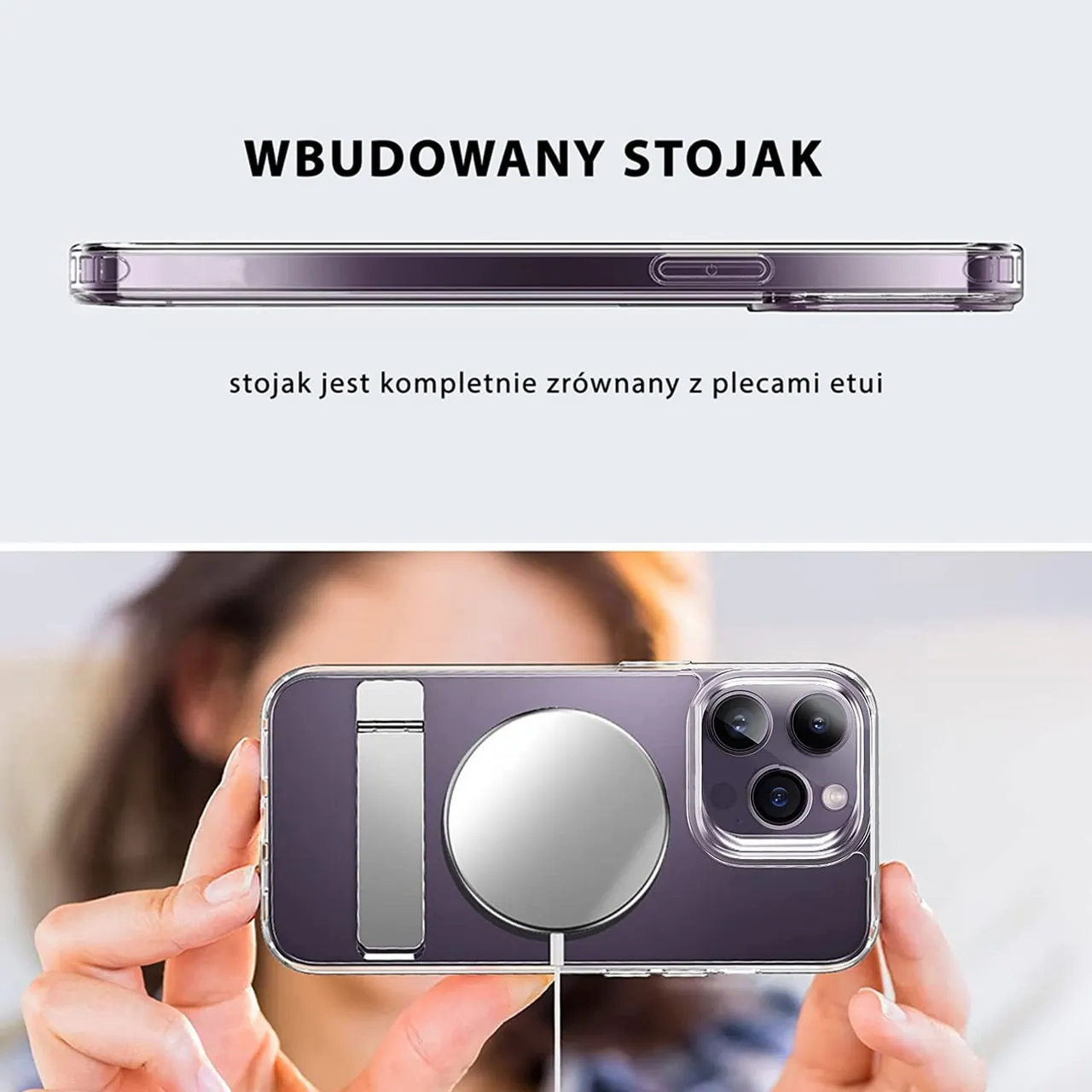 Etui do iPhone 14 Pro Max Clear Stand, metalowa podstawka, przeźroczyste