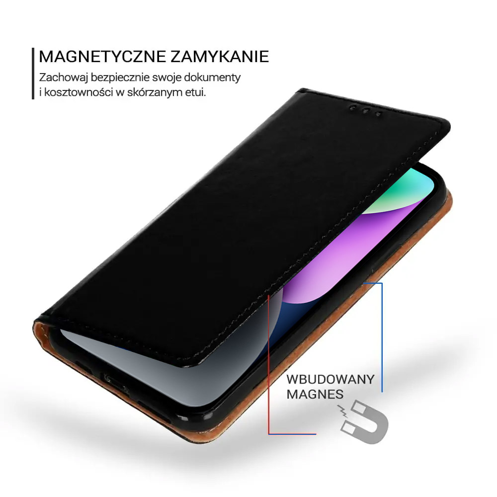 Etui do iPhone 14 zamykane, eleganckie skórzane, czarne