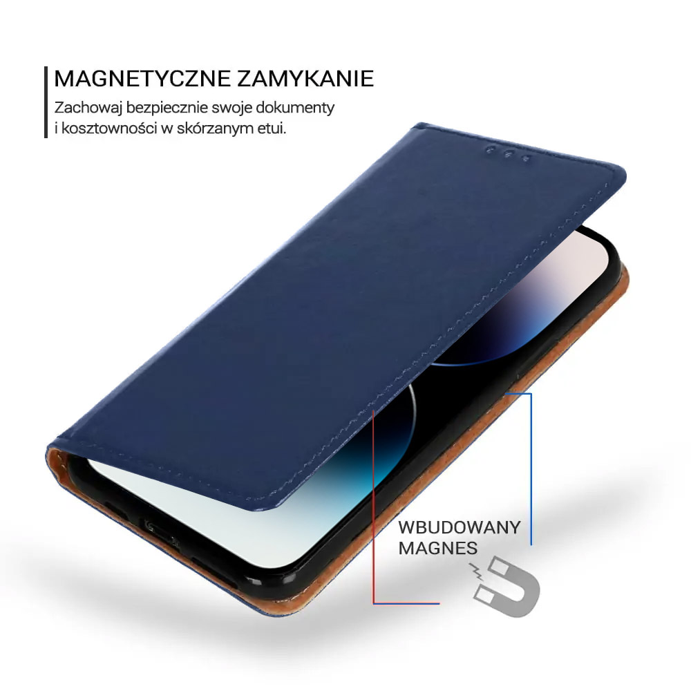 Etui do iPhone 14 Pro Max zamykane, eleganckie granatowe skórzane