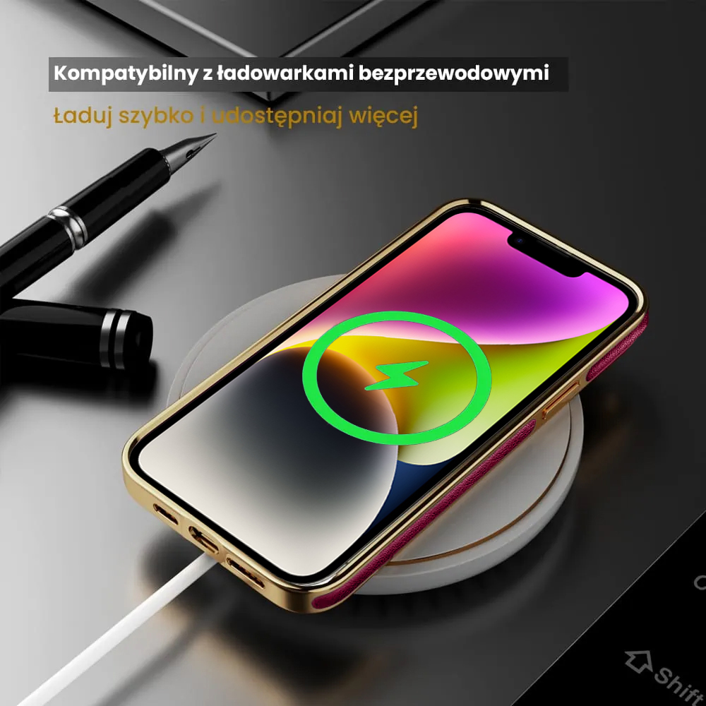 Etui do iPhone 14 Slim Leather Protect z widocznym logo, rdzawa purpura