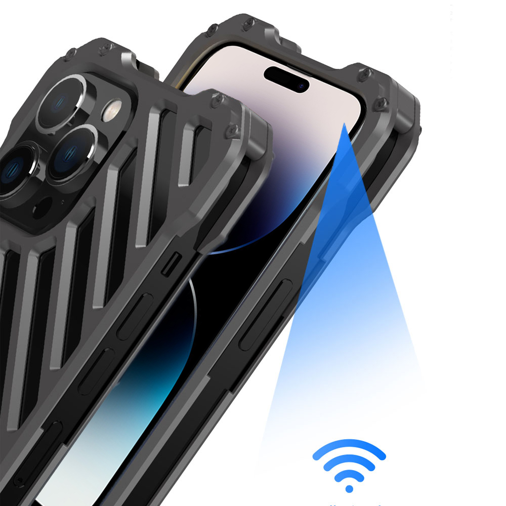 Etui do iPhone 14 Pro pancerne, metalowe, skręcane, srebrne