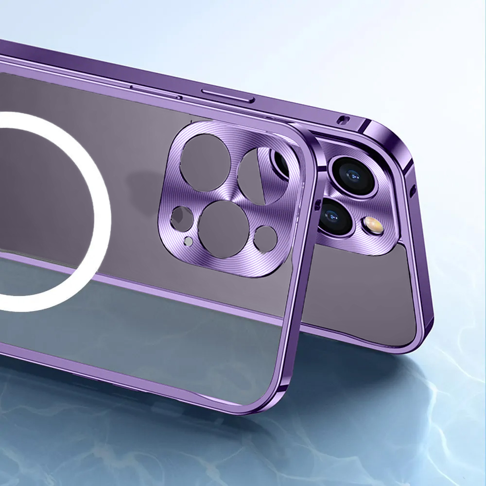 Etui do iPhone 14 Pro Magsafe Armor, metalowa ramka, twarde aluminium, purpurowe