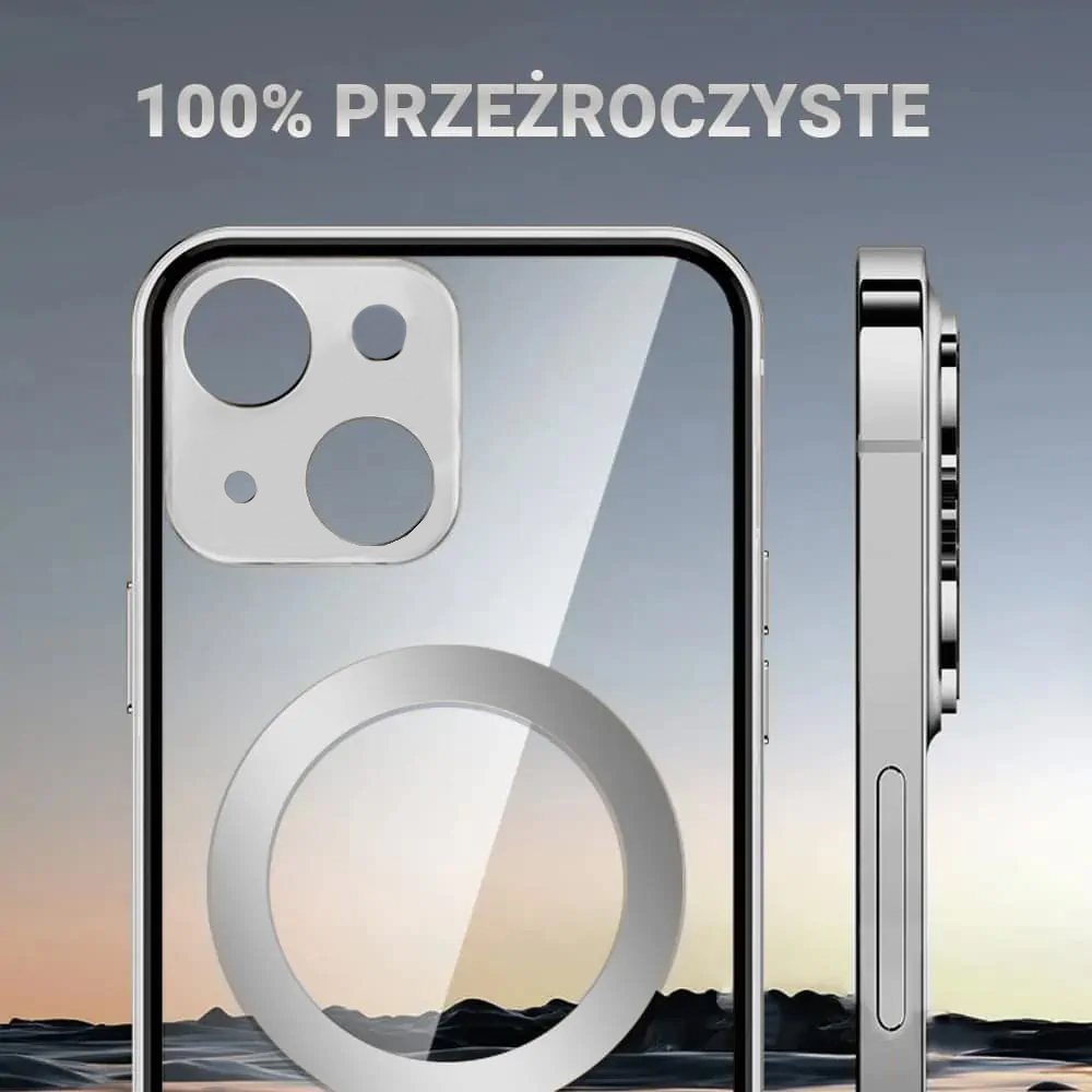 Etui do iPhone 14 Ibizu Elite Skin, krystalicznie czyste z metalową ramką, srebrne z MagSafe