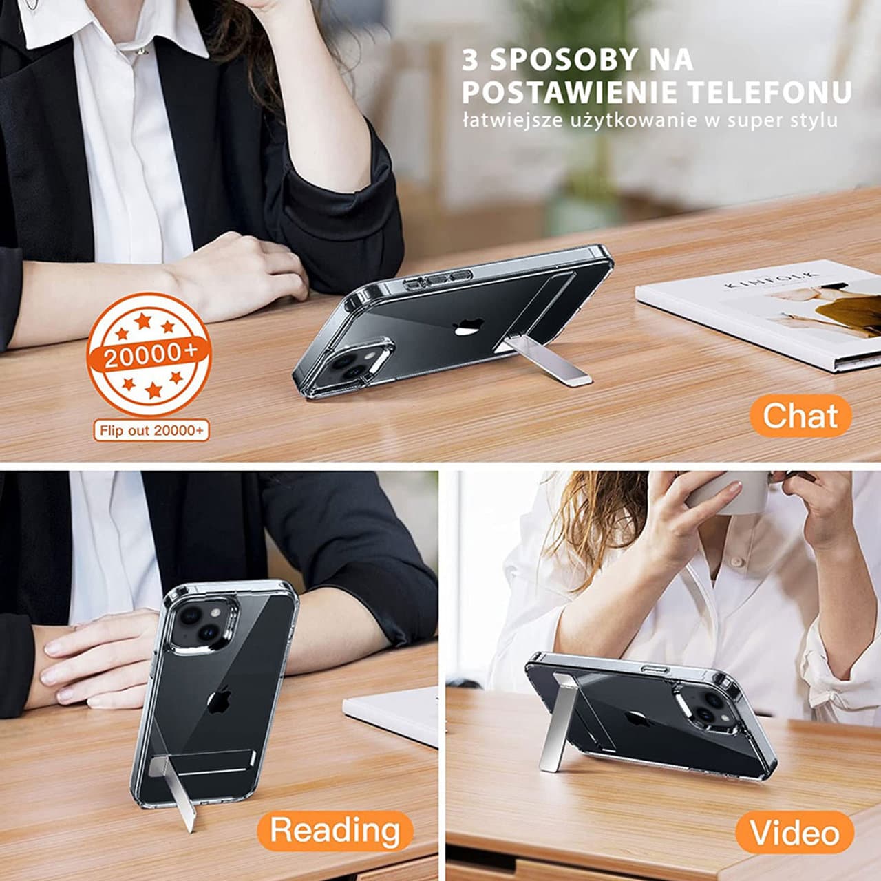 Etui do iPhone 14 Clear Stand, metalowa podstawka, przeźroczyste
