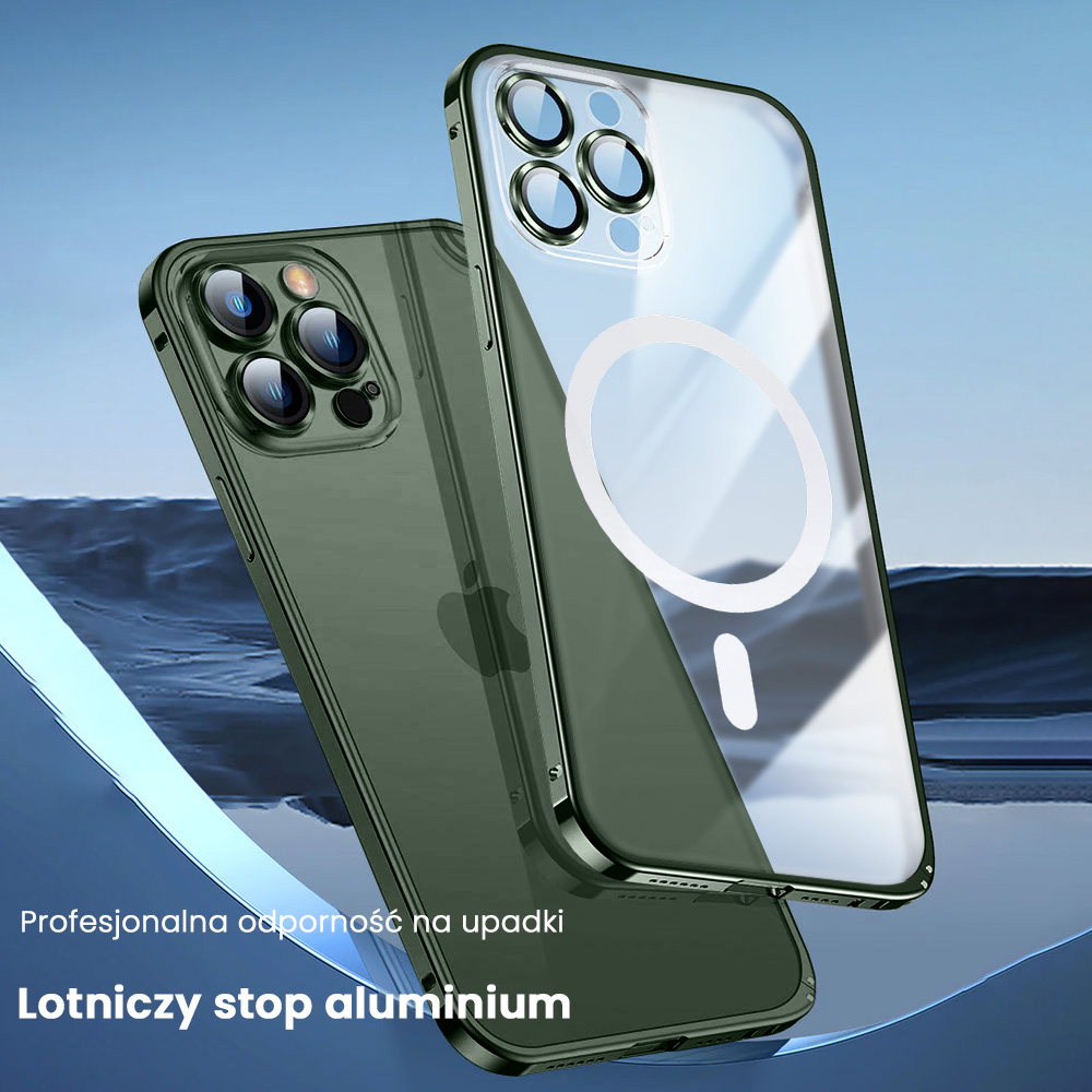 Etui do iPhone 13 Pro Max MagSafe Metalic Green Frame Oryginal matowe, ochrona aparatu, zielona ramka
