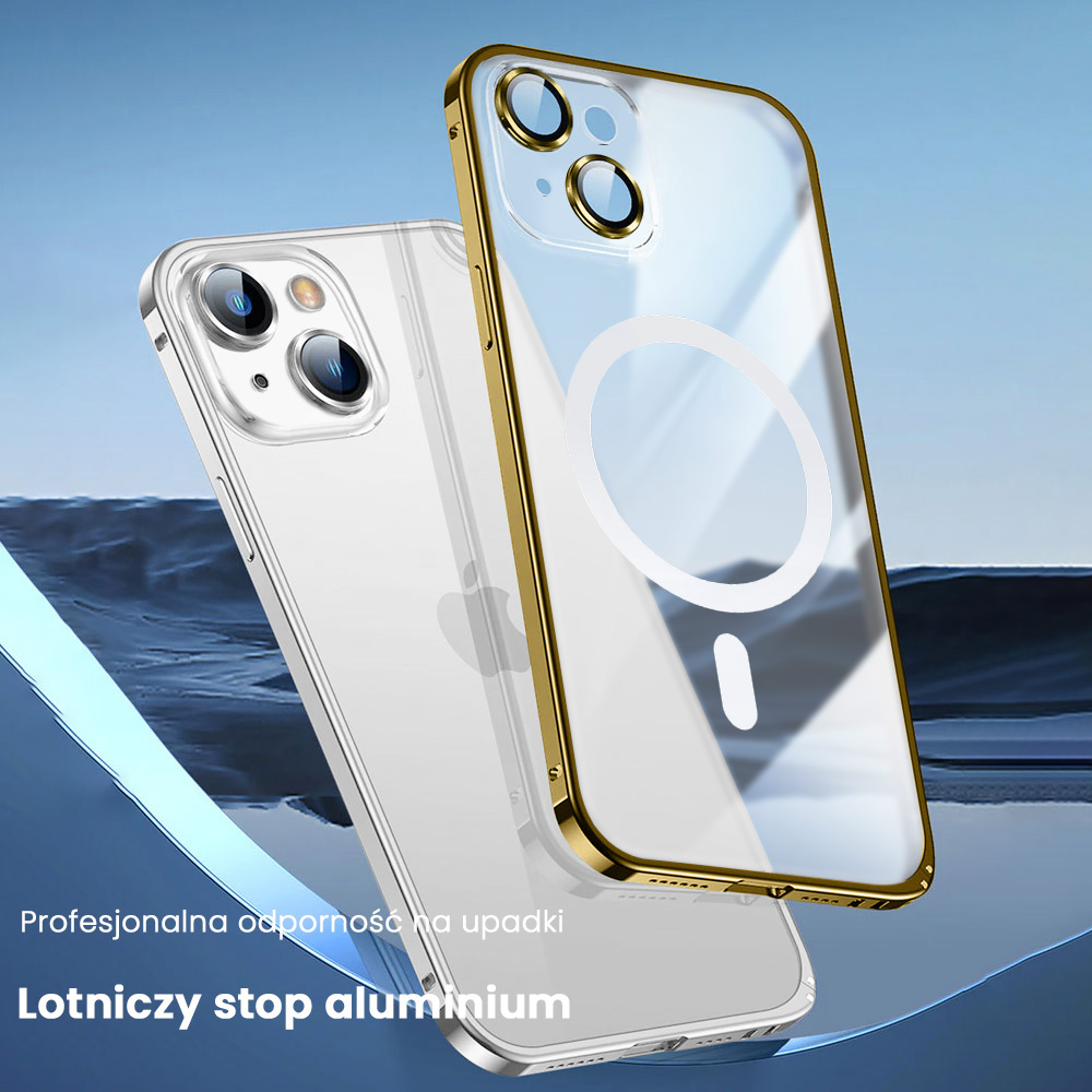 Etui do iPhone 14 MagSafe Metalic Gold Frame Oryginal matowe, ochrona aparatu, złota ramka