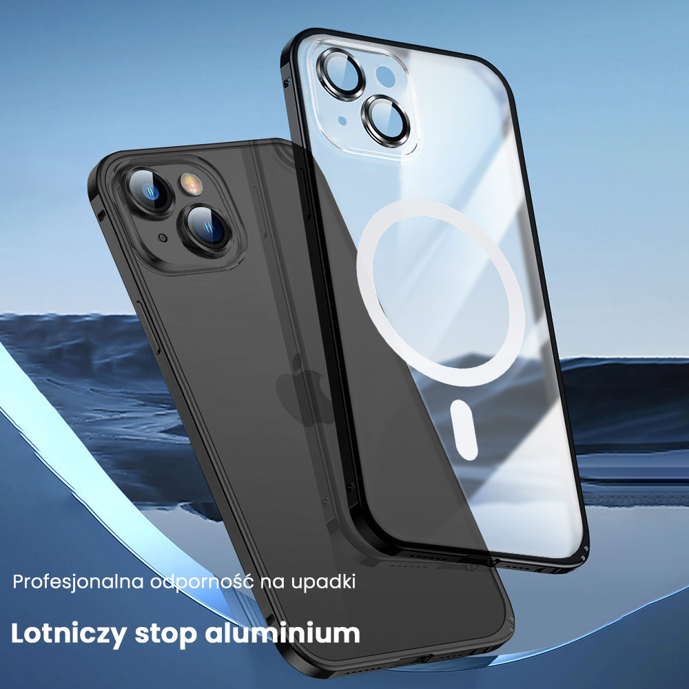 Etui do iPhone 14 Metalic Black Frame Oryginal matowe, hybrydowa ochrona kamery, czarne