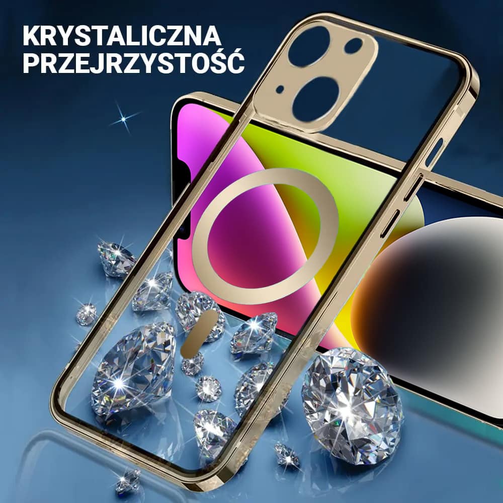 Etui do iPhone 14 Ibizu Elite Skin, krystalicznie czyste z metalową ramką, złote z MagSafe (OUTLET)