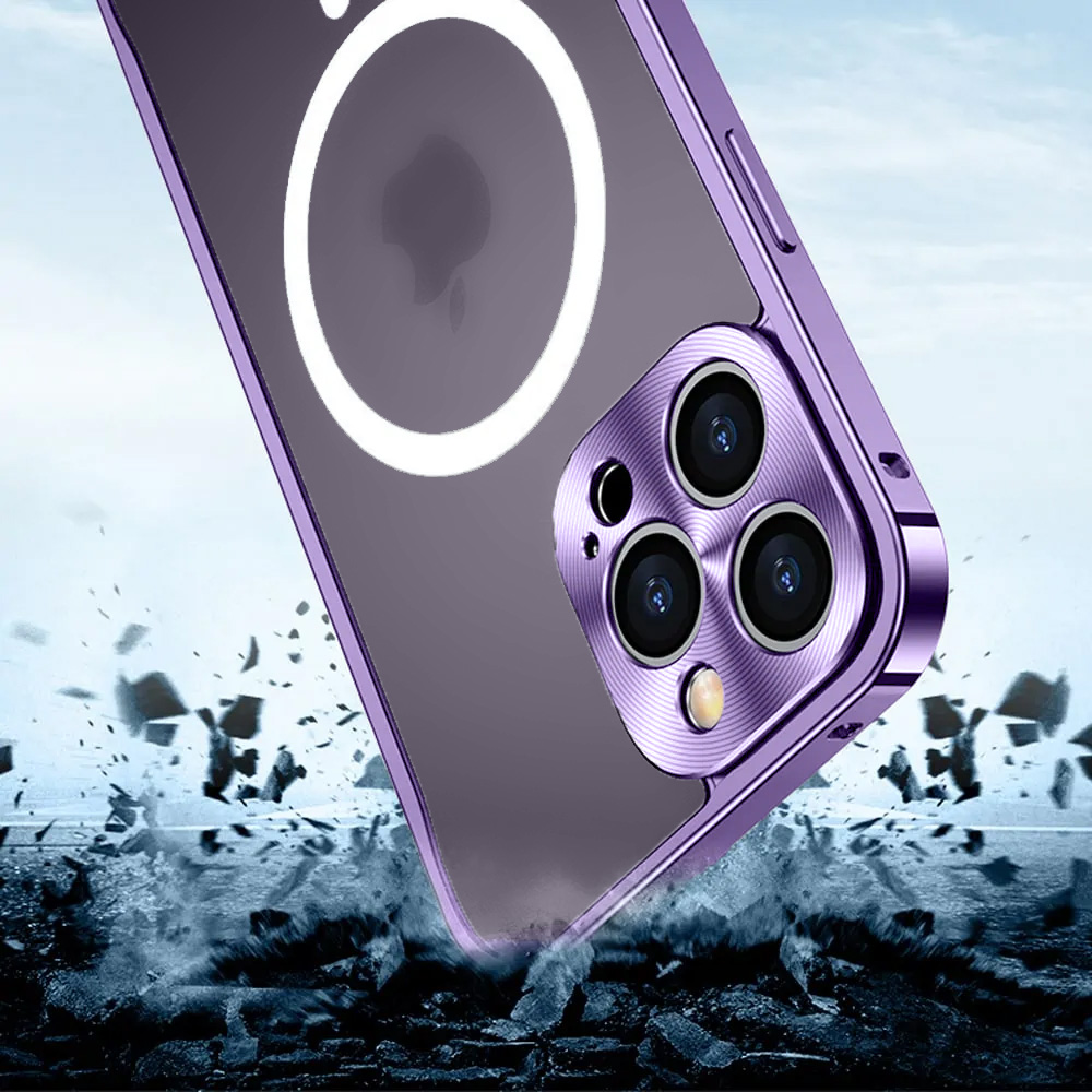 Etui do iPhone 14 Pro Magsafe Armor, metalowa ramka, twarde aluminium, purpurowe