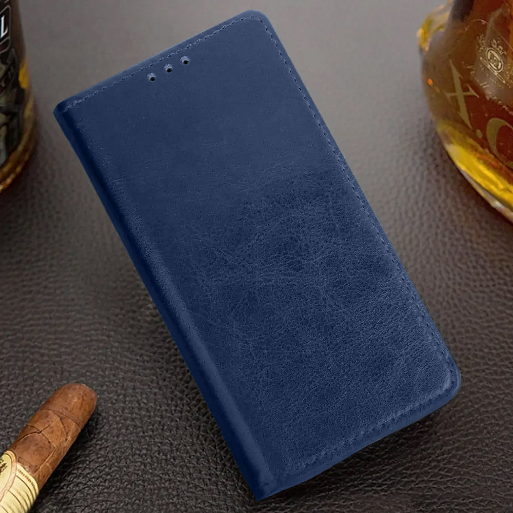 Etui do iPhone 14 Pro Max zamykane, eleganckie granatowe skórzane