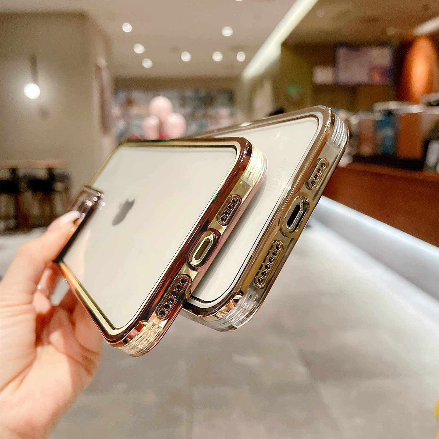 Etui do iPhone 14 Pro Max kryształowa struktura, osłona na aparat, przeźroczyste ze złotą ramką (OUTLET)