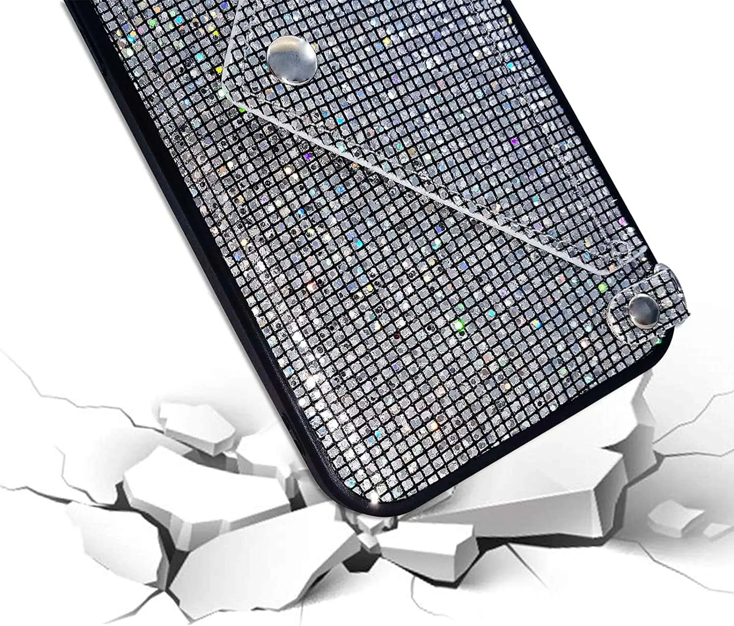 Etui do iPhone 14 Pro Max eleganckie, błyszczące, torebka z łańcuszkiem, srebrne