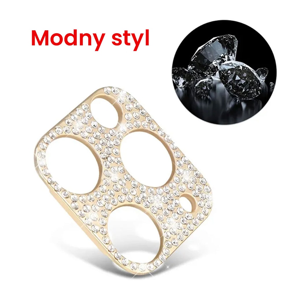 iPhone 14 Pro luksusowa diamentowa metalowa osłona na cały aparat, złota