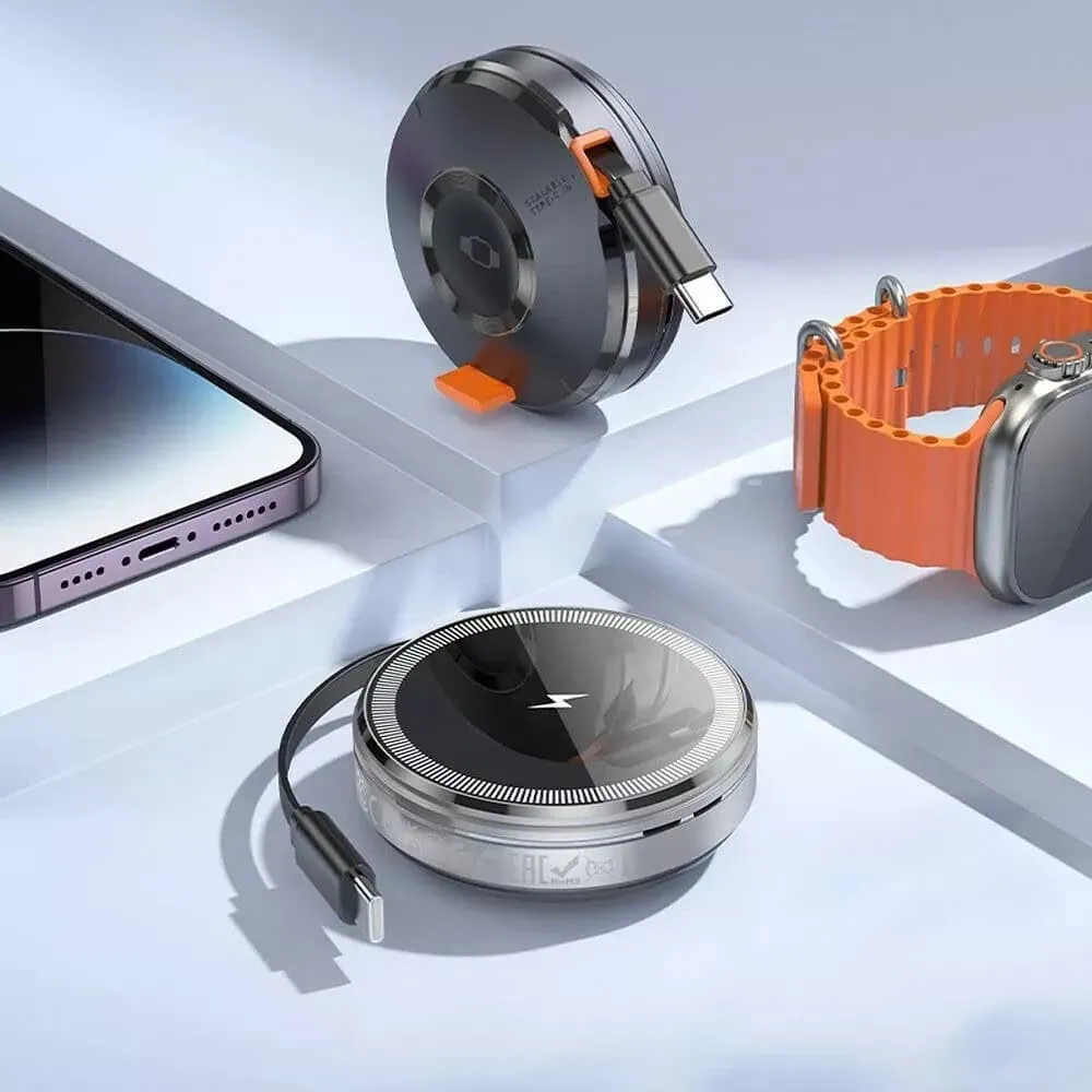 Ładowarka kompaktowa 2w1 z MagSafe do iPhone i Apple Watch, zwijany kabel USB Typ C, czarna