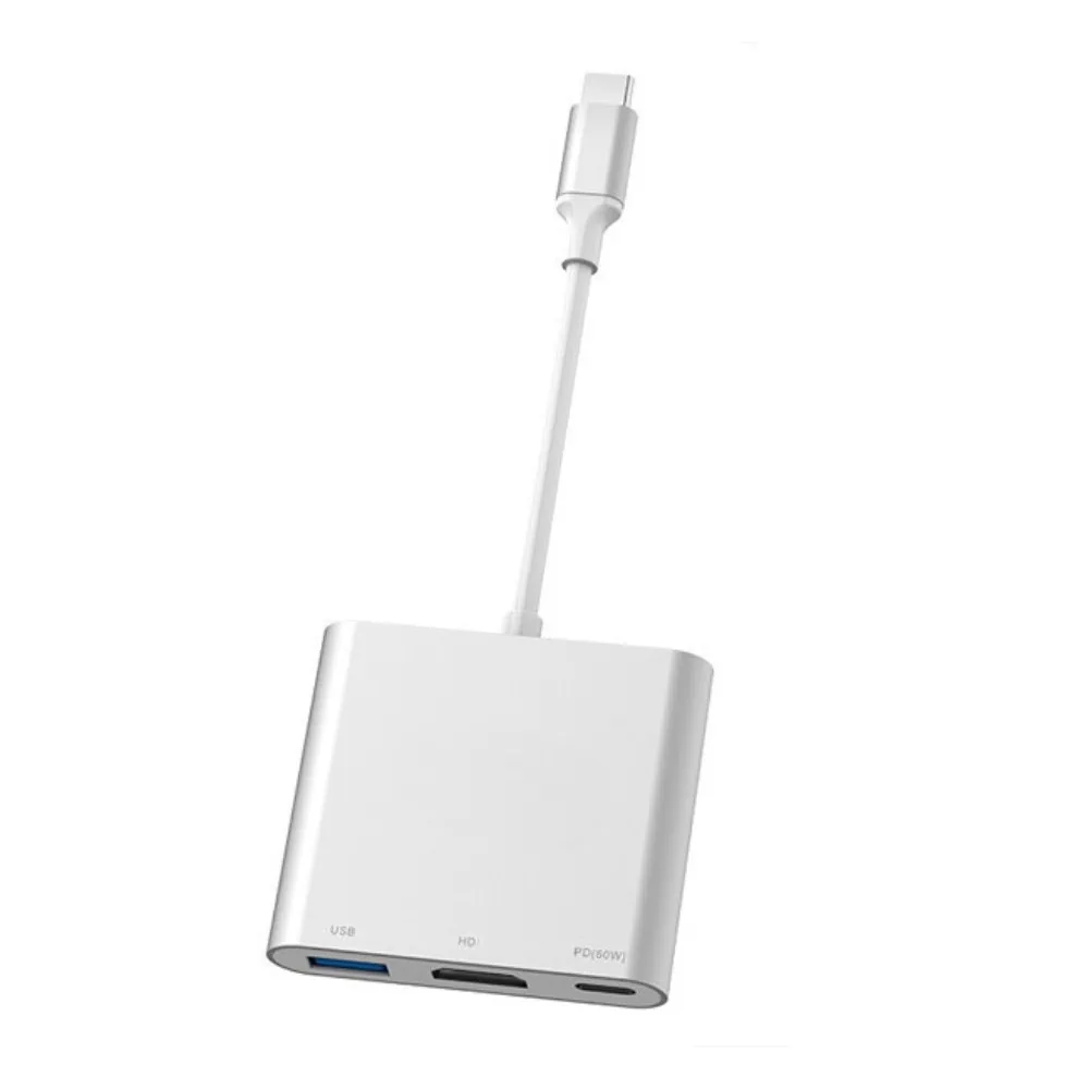 Adapter USB Typ C/HDMI/ USB z wbudowanym kablem USB Typ C, PD 60W, srebrny