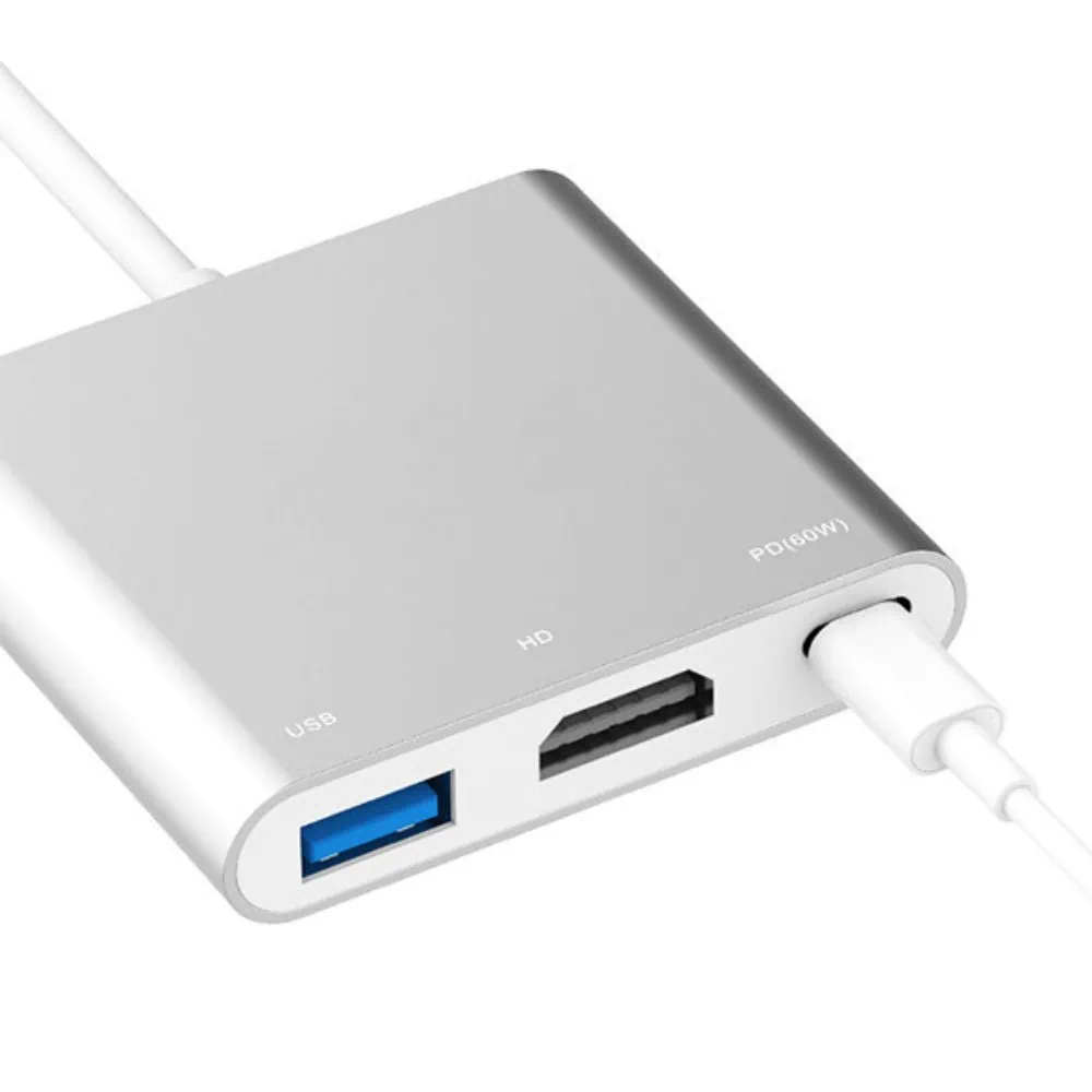 Adapter USB Typ C/HDMI/ USB z wbudowanym kablem USB Typ C, PD 60W, srebrny