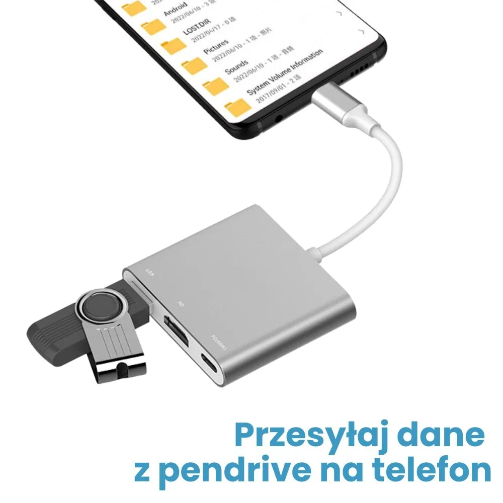 Adapter USB Typ C/HDMI/ USB z wbudowanym kablem USB Typ C, PD 60W, srebrny
