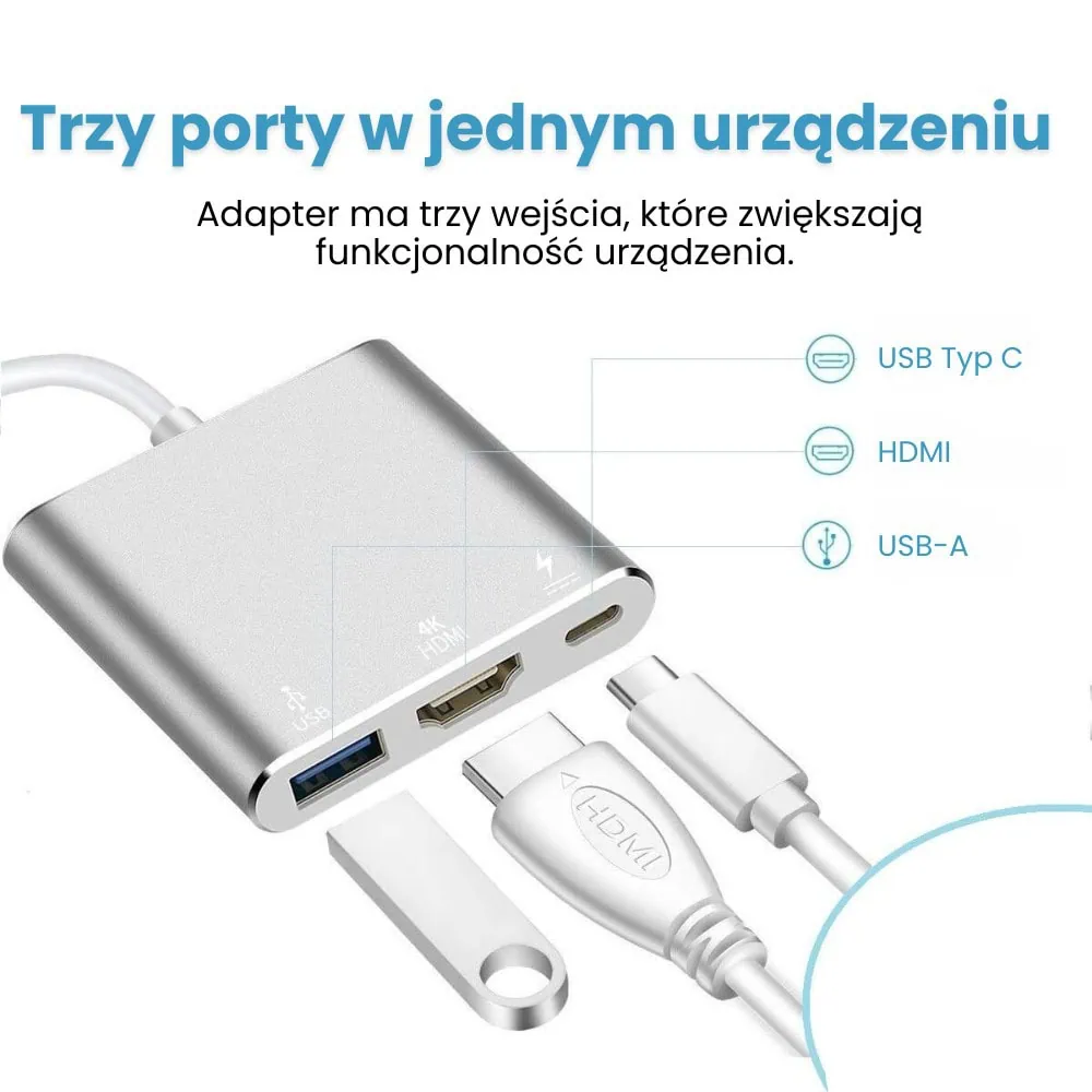 Adapter USB Typ C/HDMI/ USB z wbudowanym kablem USB Typ C, PD 60W, srebrny