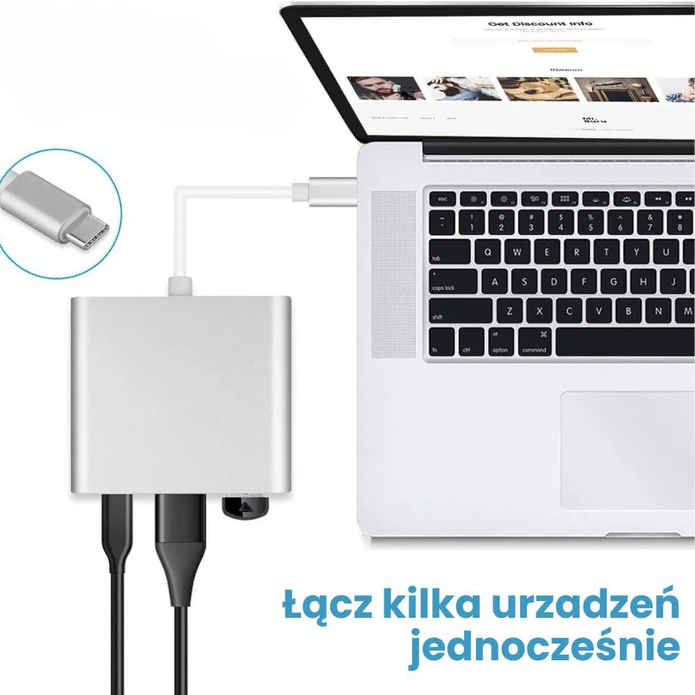 Adapter USB Typ C/HDMI/ USB z wbudowanym kablem USB Typ C, PD 60W, srebrny