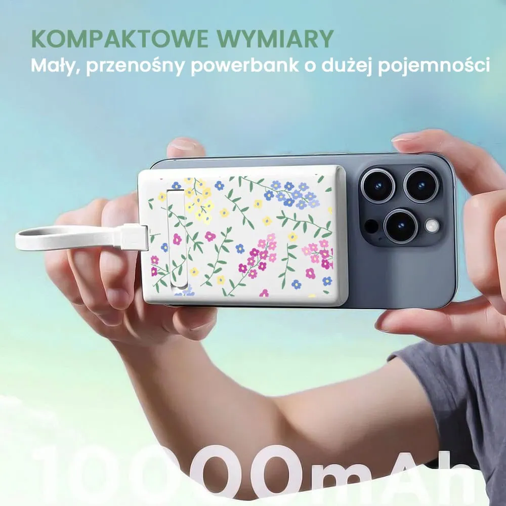 Power bank akumulator Magsafe do iPhone 10000 mAh z podstawką, 20W, kwiatki polne, biały