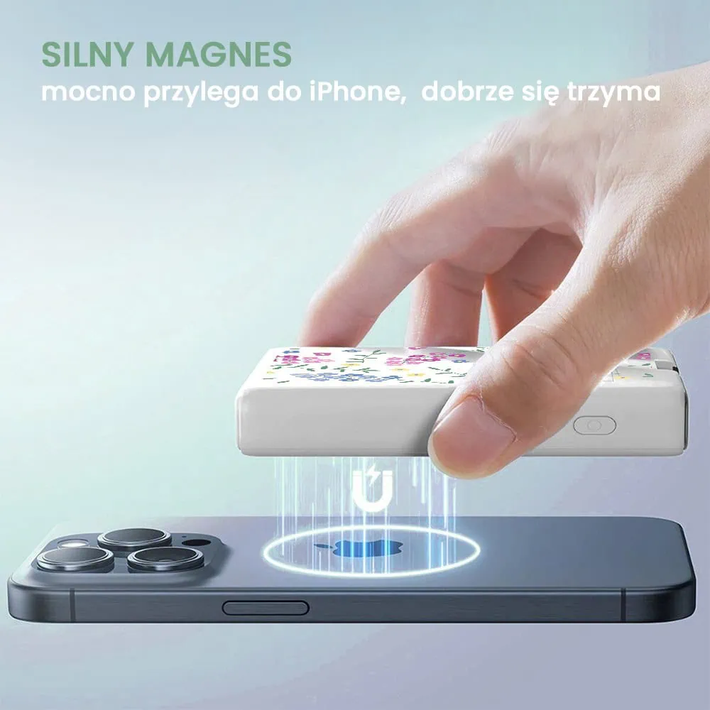 Power bank akumulator Magsafe do iPhone 10000 mAh z podstawką, 20W, kwiatki polne, biały