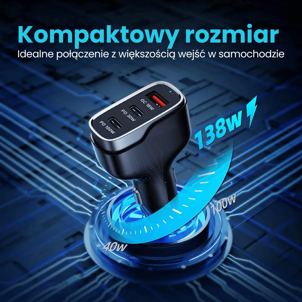 Ładowarka samochodowa super mocna 138W USB + 2x USB Typ C, czarna