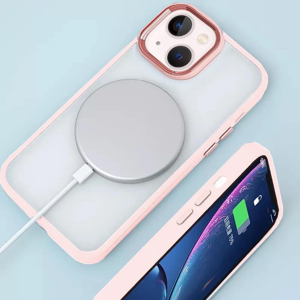 Etui do iPhone 13 przeźroczyste, twardy tył, ramka pudrowy róż (OUTLET)