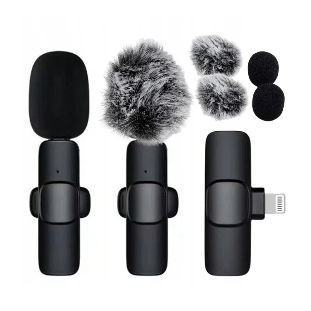 Bezprzewodowy mikrofon krawatowy z wejściem Lightning dla iPhone, z długim biało-czarnym włosiem, 2 w zestawie, czarny