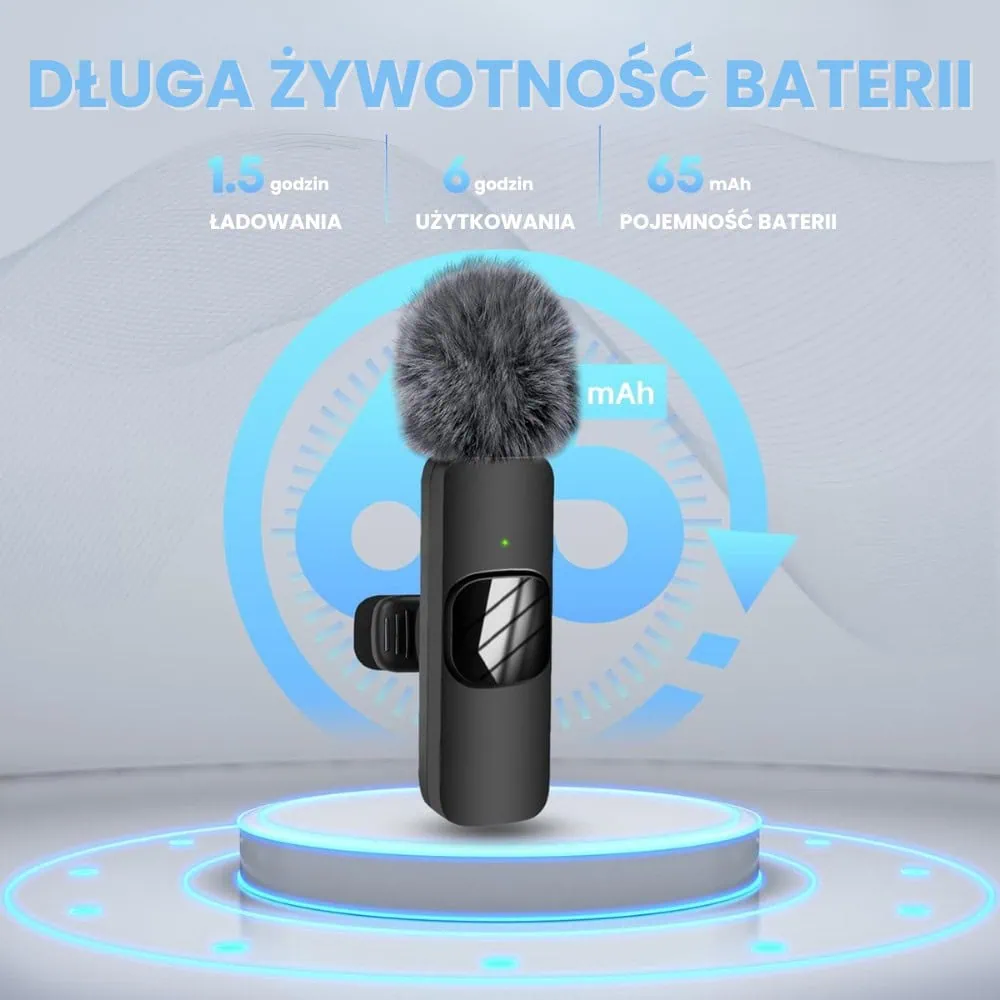 Bezprzewodowy mikrofon krawatowy z wejściem USB Typ C dla iPhone 15/16, z długim biało-czarnym włosiem, 2 w zestawie, czarny