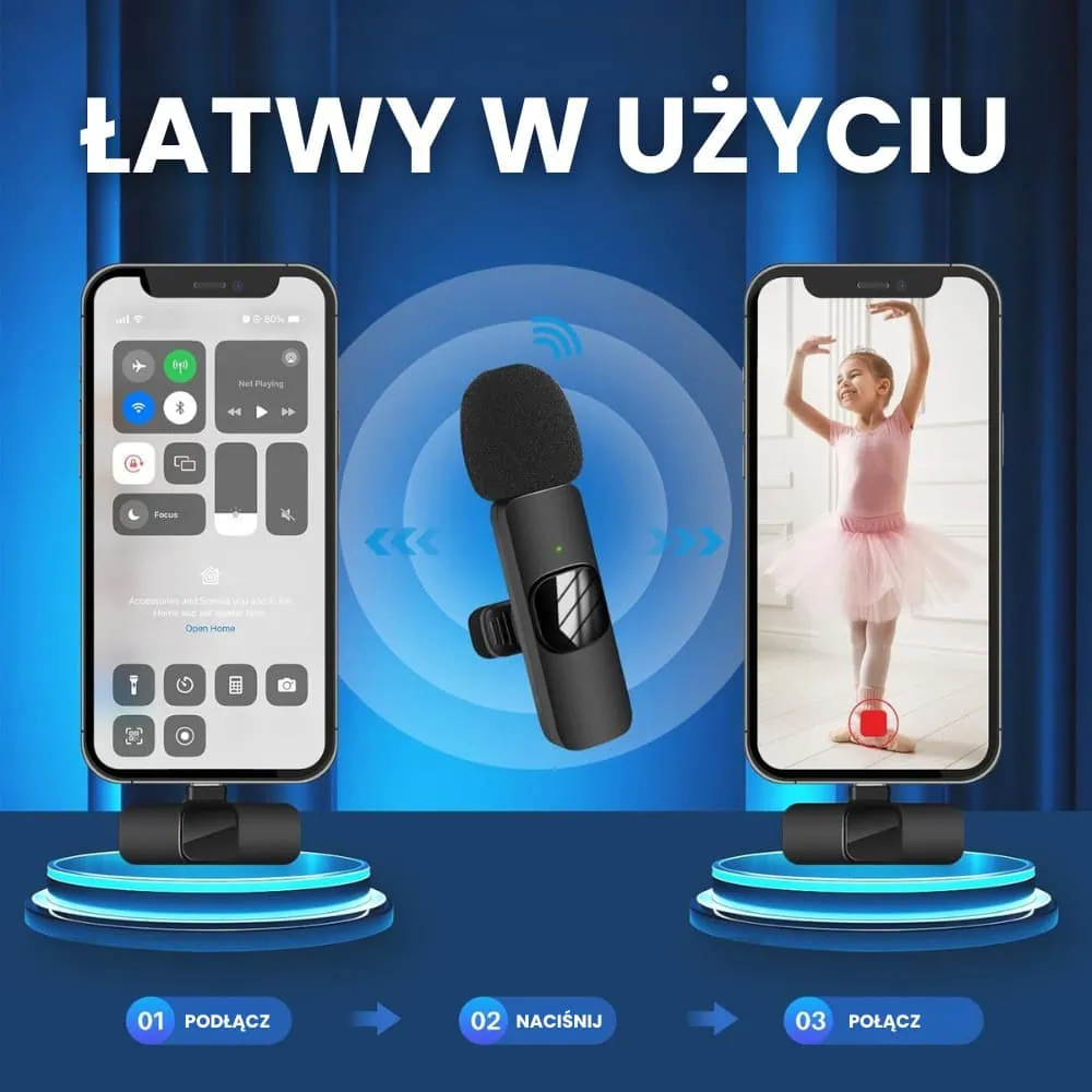 Bezprzewodowy mikrofon krawatowy z wejściem USB Typ C dla iPhone 15/16, z długim biało-czarnym włosiem, 2 w zestawie, czarny