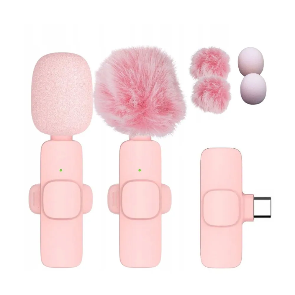 Bezprzewodowy mikrofon krawatowy z wejściem USB Typ C dla iPhone 15/16, z długim różowym włosiem, 2 w zestawie, różowy