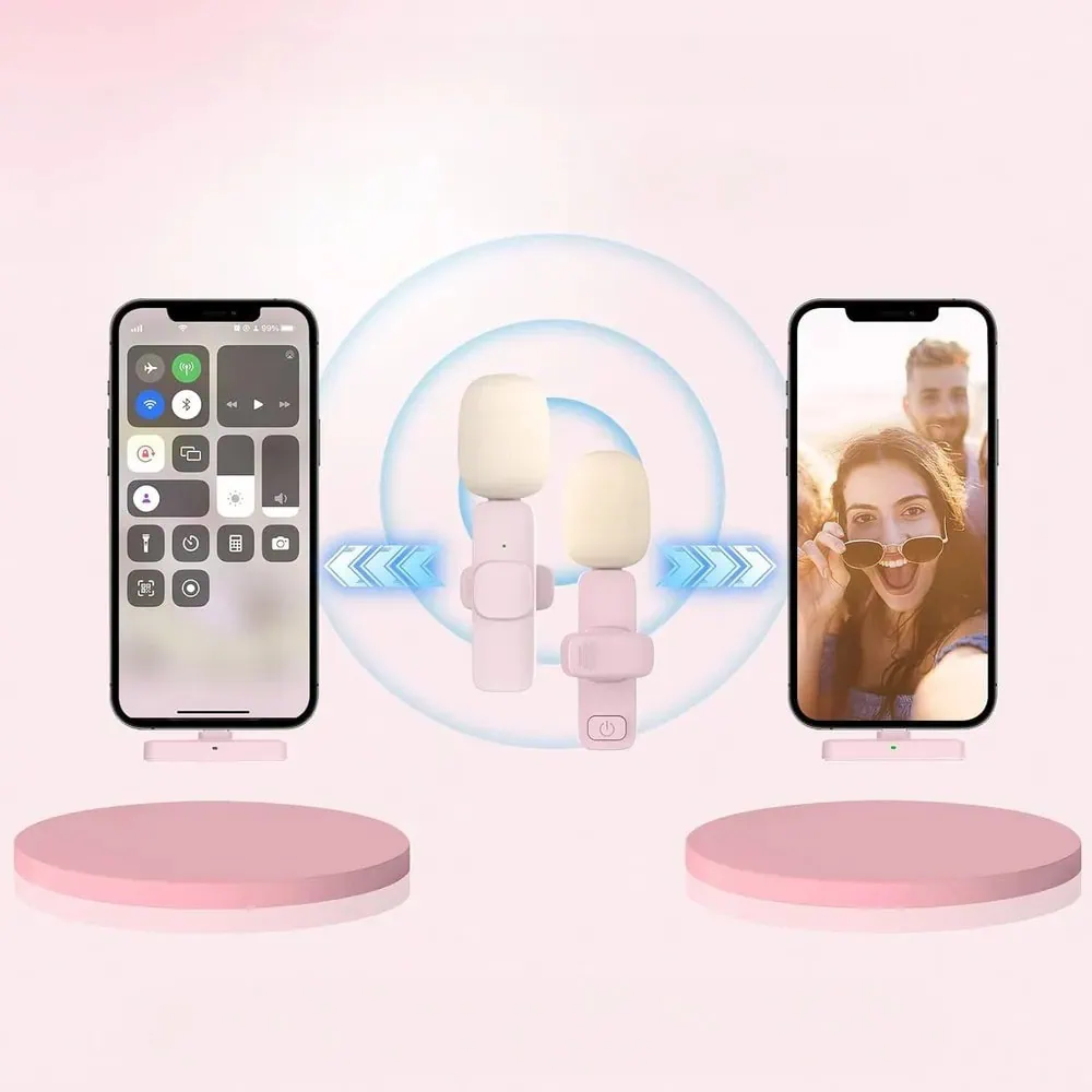 Bezprzewodowy mikrofon krawatowy z wejściem USB Typ C dla iPhone 15/16, z długim różowym włosiem, 2 w zestawie, różowy