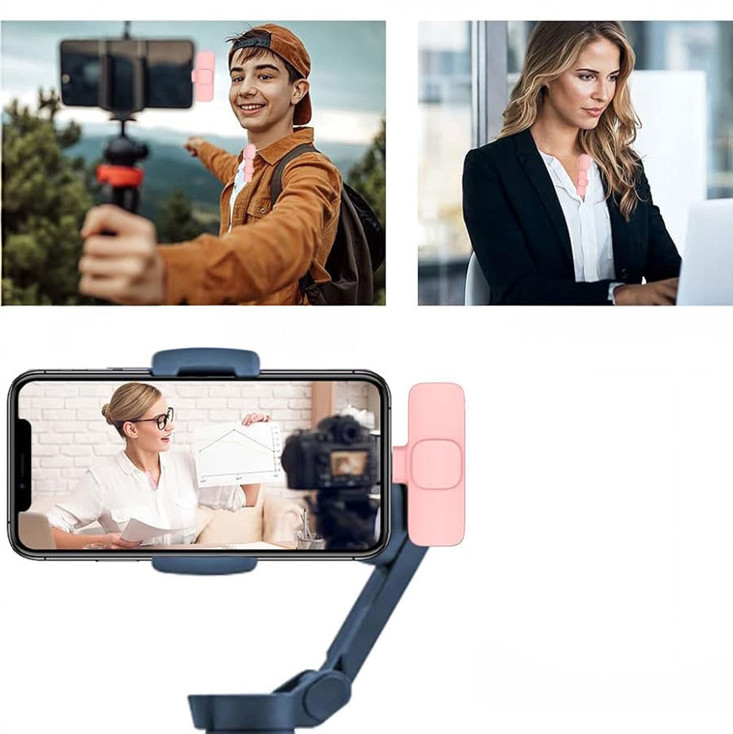 Bezprzewodowy mikrofon krawatowy z wejściem Lightning dla iPhone, z długim różowym włosiem, 2 w zestawie, różowy