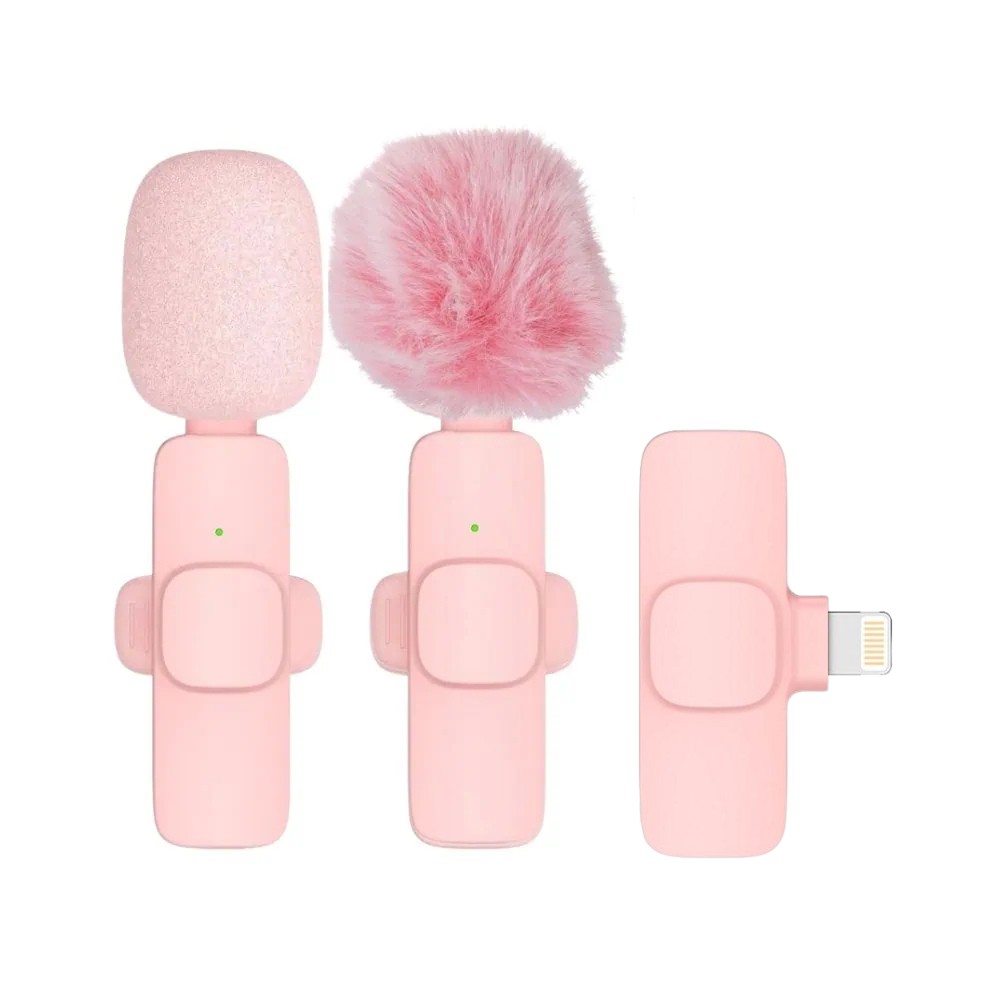 Bezprzewodowy mikrofon krawatowy z wejściem Lightning dla iPhone, z długim różowym włosiem, 2 w zestawie, różowy