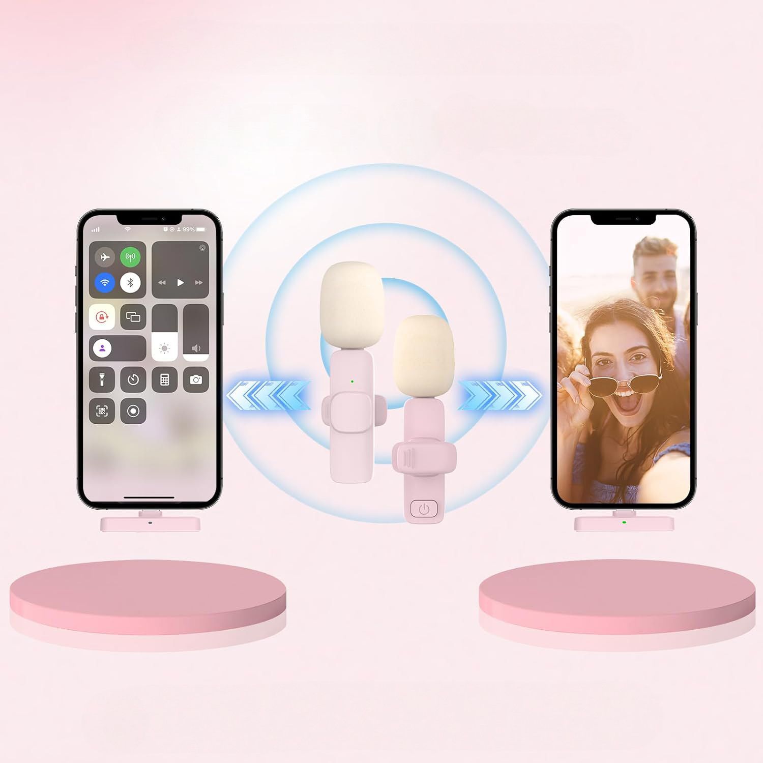 Bezprzewodowy mikrofon krawatowy z wejściem Lightning dla iPhone, z długim różowym włosiem, 2 w zestawie, różowy