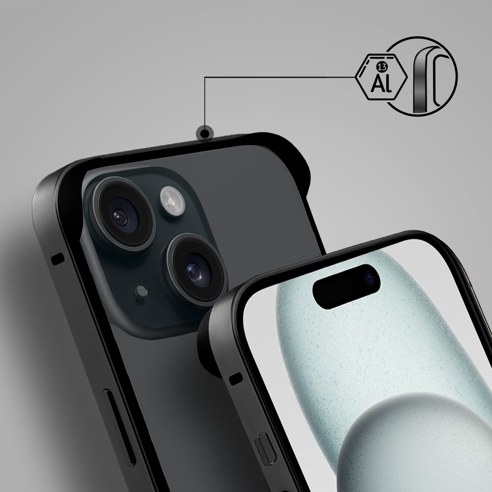 Bumper do iPhone 15, Metal Slim, metalowa ramka ochronna, czarny