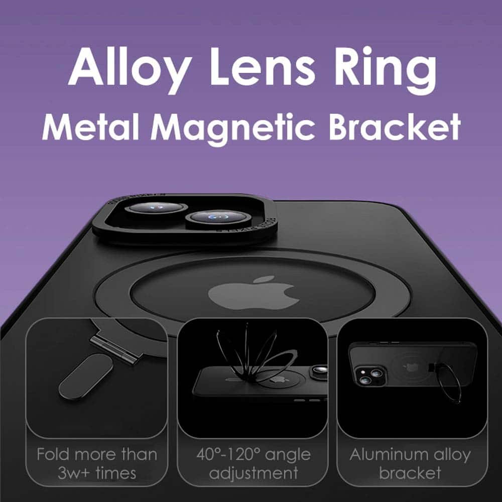 Etui do iPhone 14 Metal Cam MagSafe Stand z podstawką, twarde, półprzeźroczyste, czarne