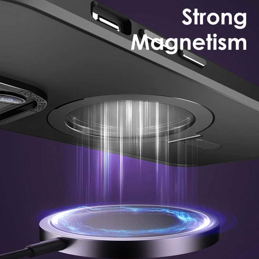 Etui do iPhone 14 Metal Cam MagSafe Stand z podstawką, twarde, półprzeźroczyste, czarne