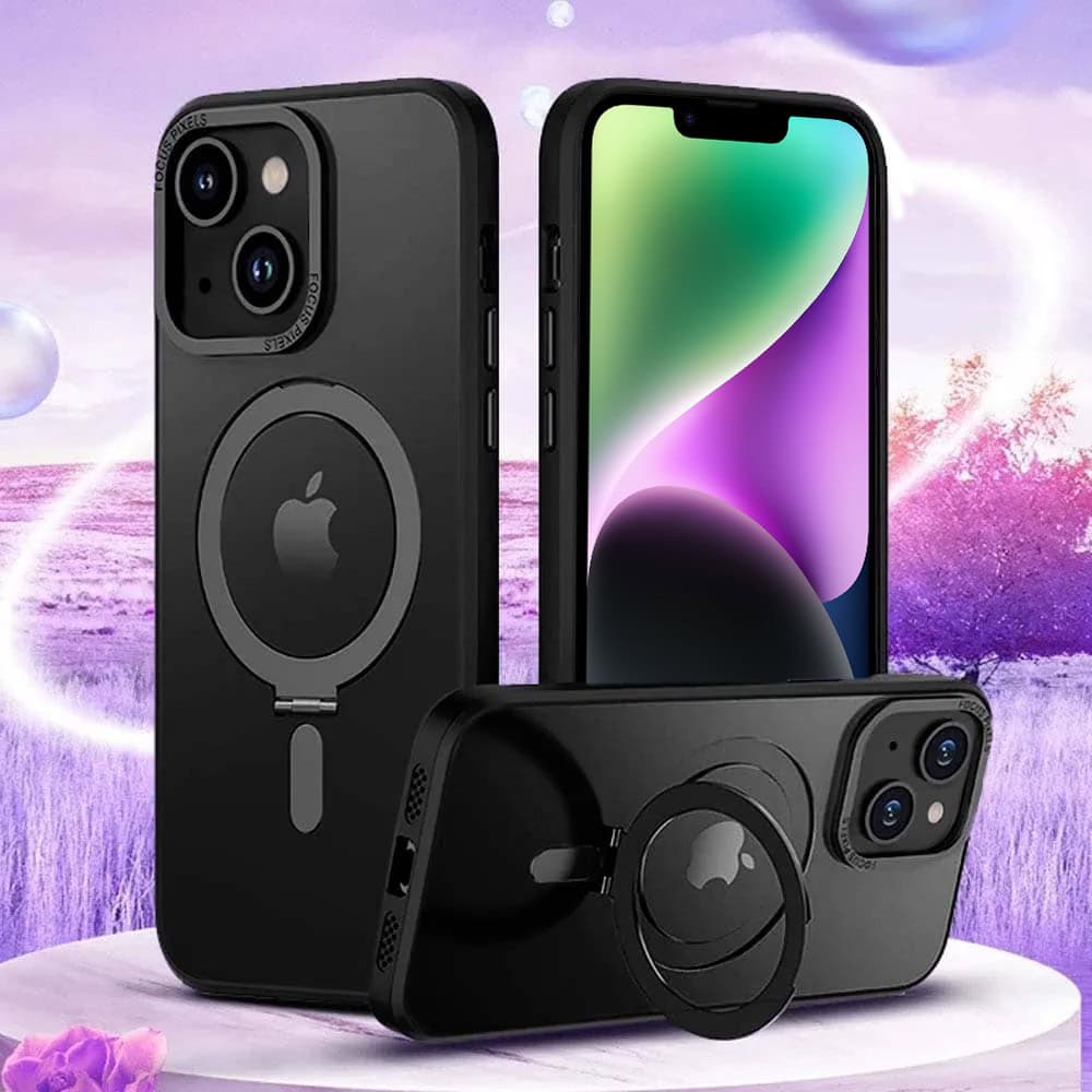 Etui do iPhone 14 Metal Cam MagSafe Stand z podstawką, twarde, półprzeźroczyste, czarne