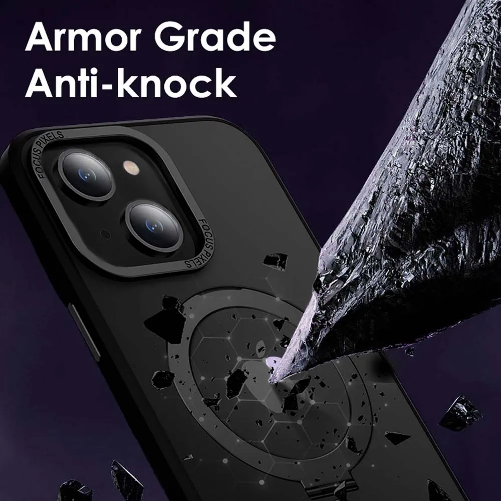 Etui do iPhone 14 Metal Cam MagSafe Stand z podstawką, twarde, półprzeźroczyste, czarne