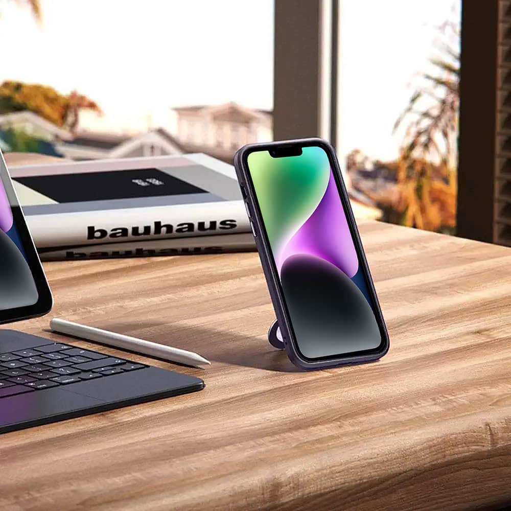 Etui do iPhone 14 Metal Cam MagSafe Stand z podstawką, twarde, półprzeźroczyste, czarne