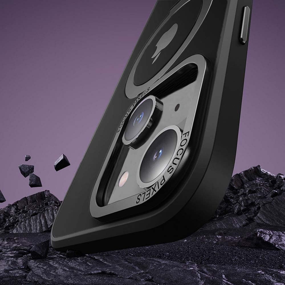 Etui do iPhone 14 Metal Cam MagSafe Stand z podstawką, twarde, półprzeźroczyste, czarne