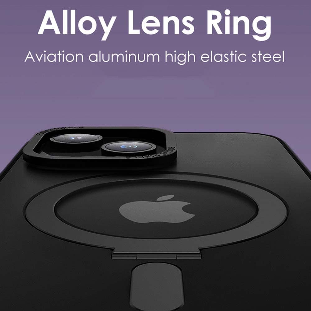 Etui do iPhone 14 Metal Cam MagSafe Stand z podstawką, twarde, półprzeźroczyste, czarne