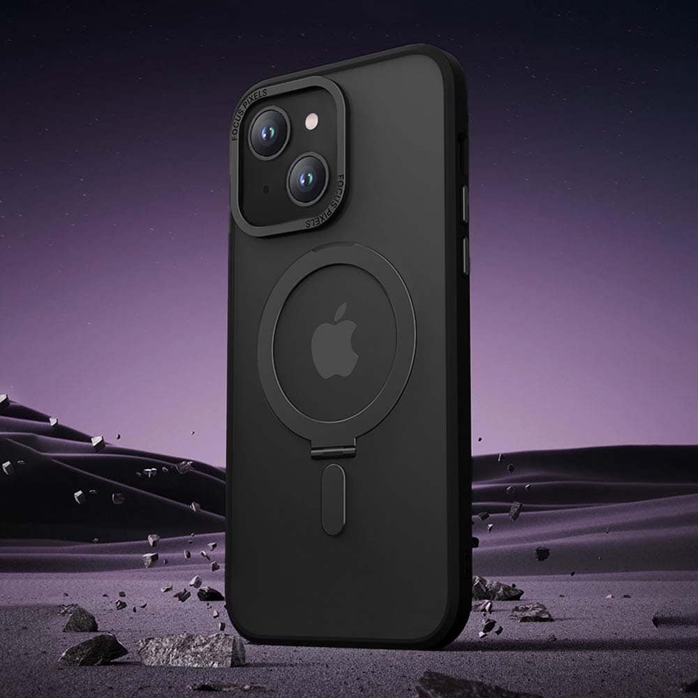 Etui do iPhone 14 Metal Cam MagSafe Stand z podstawką, twarde, półprzeźroczyste, czarne