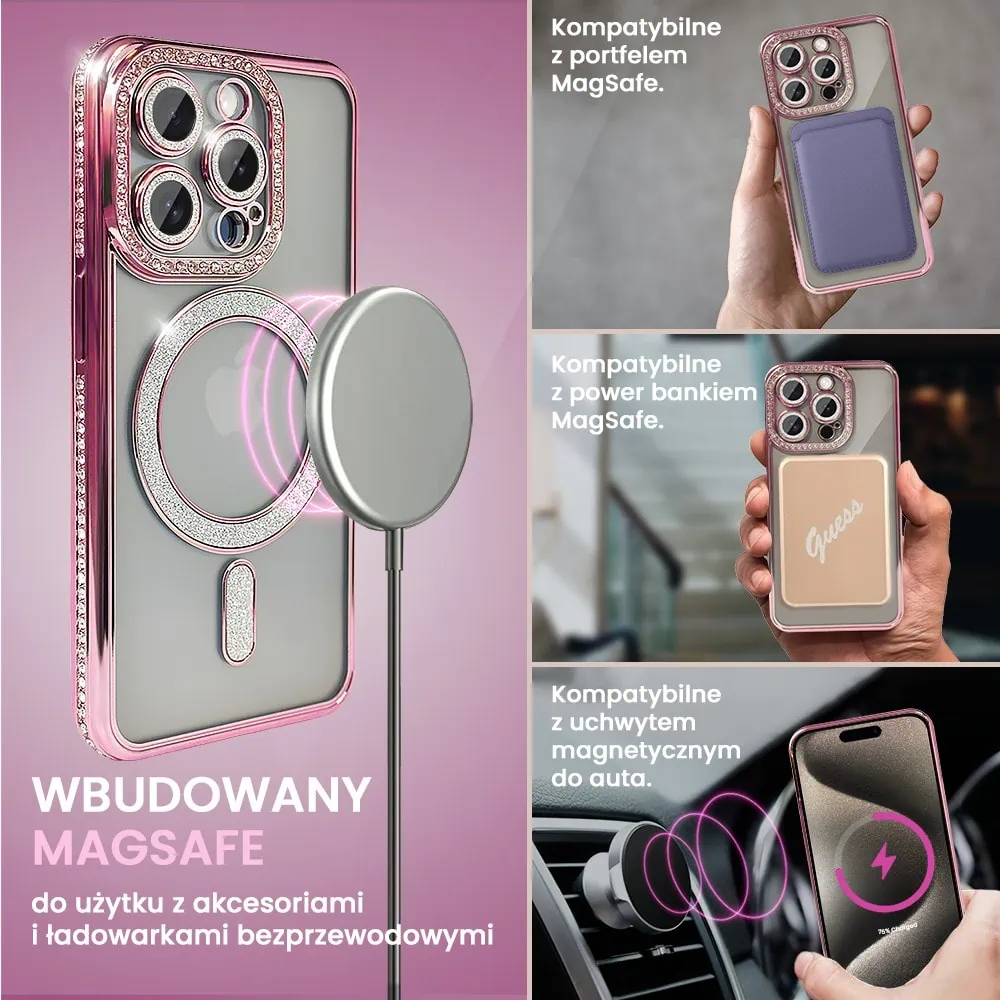 Etui do iPhone 15 Pro Diadem Glow, błyszczące z MagSafe, przeźroczyste, różowe