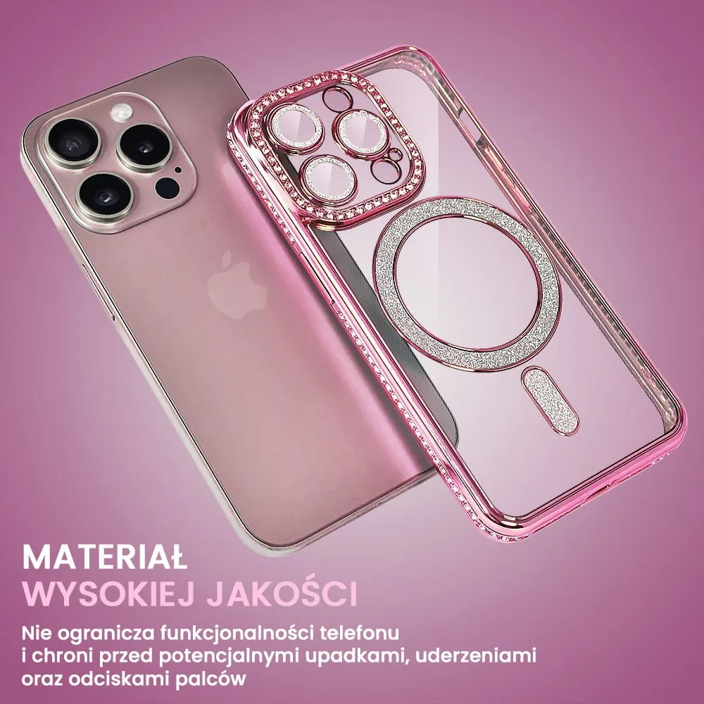 Etui do iPhone 15 Pro Diadem Glow, błyszczące z MagSafe, przeźroczyste, różowe