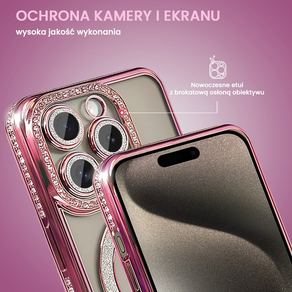 Etui do iPhone 15 Pro Diadem Glow, błyszczące z MagSafe, przeźroczyste, różowe